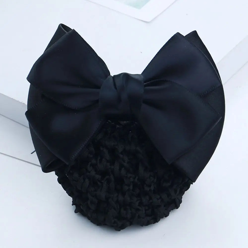 Satin Bowknot Decor Hairnet Women Girls Hair Clip Snood Net Barrette Bun Cover