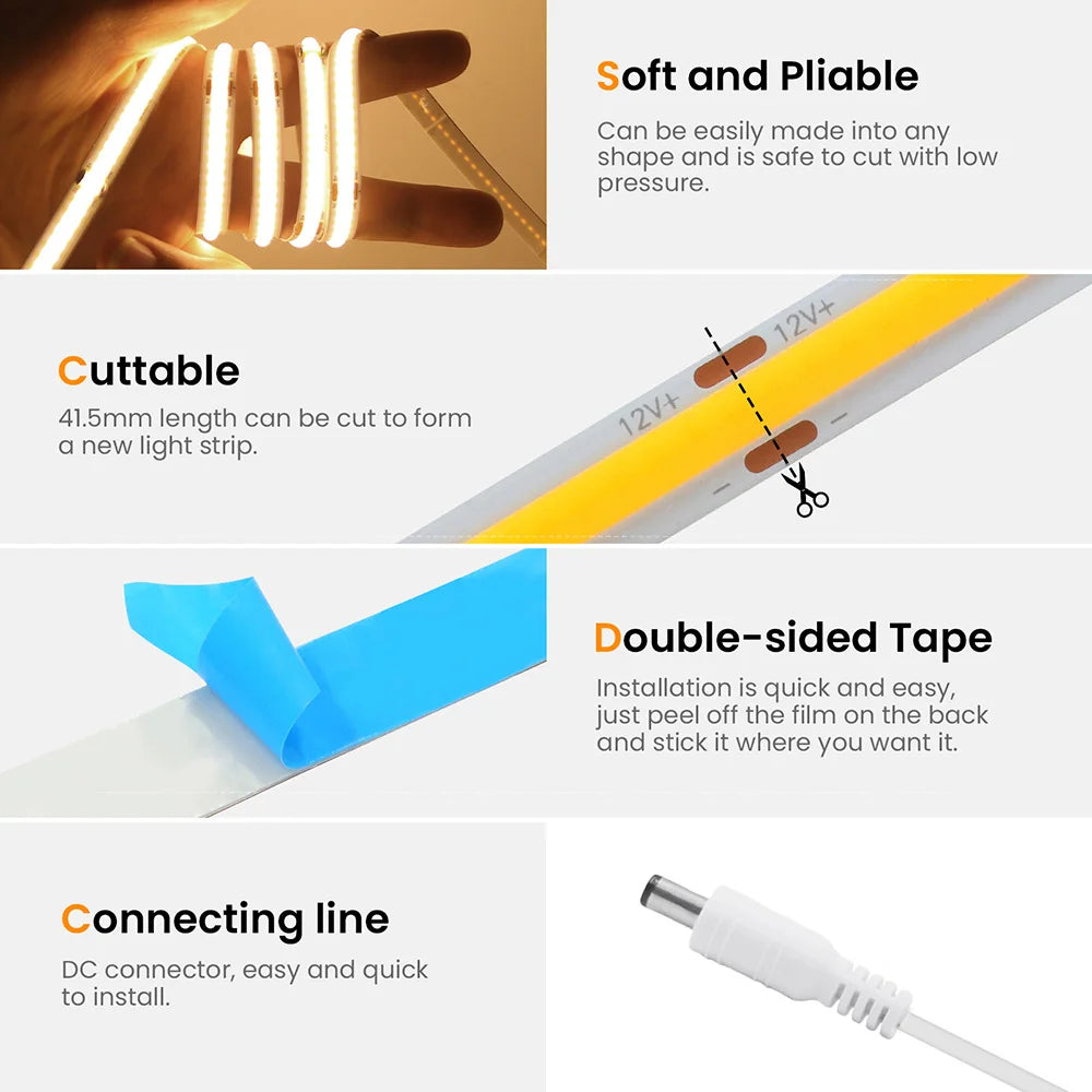 Motion Sensor Led COB Light Strip Battery USB Power 5V Auto ON/OFF Liner Lighting Cabinet Wardrobe Kitchen Staircase Nightlights
