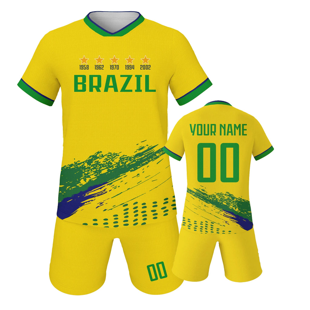 Custom Brazil Soccer Jersey for Kids Personalized Football Kit with Printed Name Number Youth Boys Girls Team Uniform 3-14Y