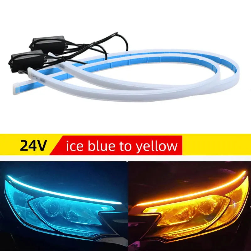 24V Truck Daytime Running Lights LED Turn Signal Light Flowing Yellow Light Start Dynamic Scan DRL Waterproof Truck Headlight