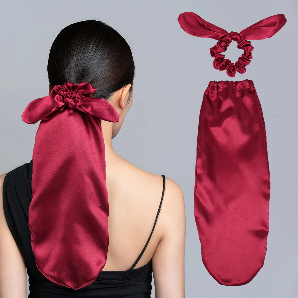 Satin Sleep Cap with Hair Bow Scrunchies, Soft Long Hair Bonnet for Long Hair, Hair Protector for Daily Use & Nighttime