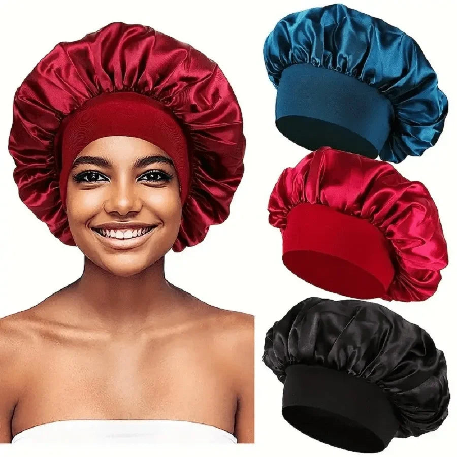 Women's Satin Solid Bonnet Wide Brim Elastic Band - Unisex Night Sleeping Bathing Hair Care Cap for Hair Protection
