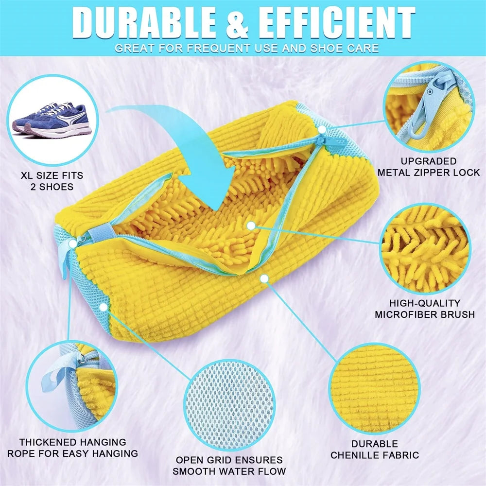 Fluffy Fiber 360 ° Surround Cleaning Shoe Washing Bag - Reusable Durable Machine-Washable Laundry Bag with Zipper Closure (1Pc)