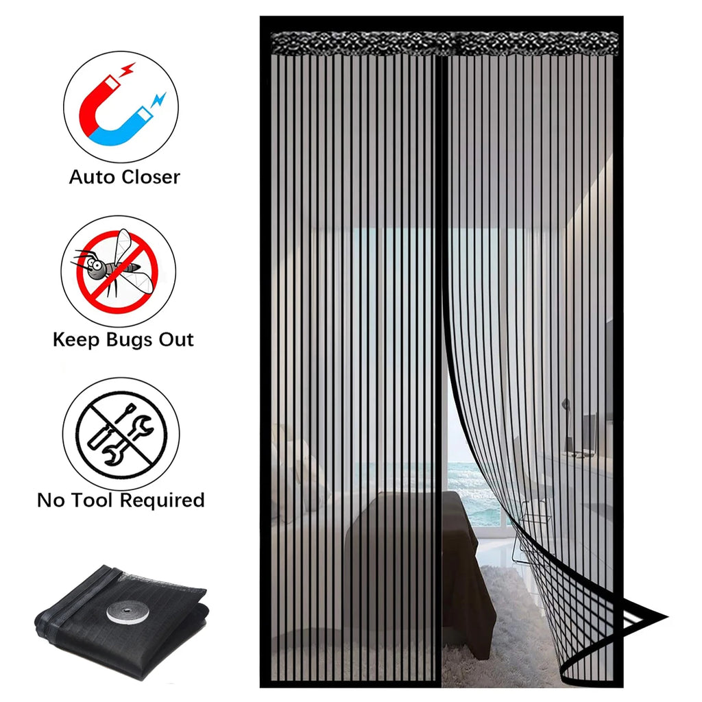 Magnetic Screen Door Curtain, Insect-Proof Mesh Door Curtain, Magnetic Sealing Device for Windows and Doors - Black