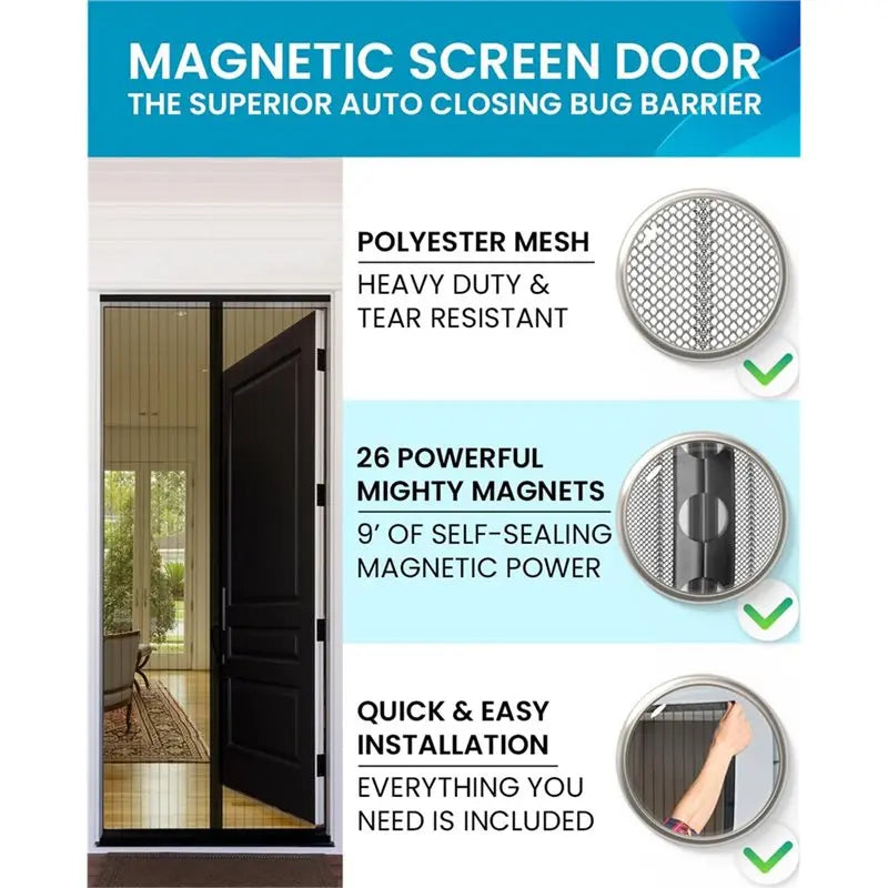 Easy Install, Magnetic Screen Door Mesh 1Pc-120X210cm-Self-Sealing, Pet Tested, Hands-Free Entry, Keeps Bugs Out