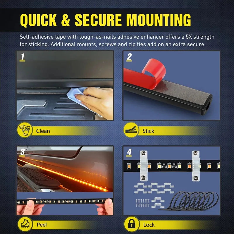 2PCS Truck Car Warning Light Strip 12V Emergency Strobe Side Step Light Strip Amber White Flashing Turn Signal Lamp 48/60 Inch