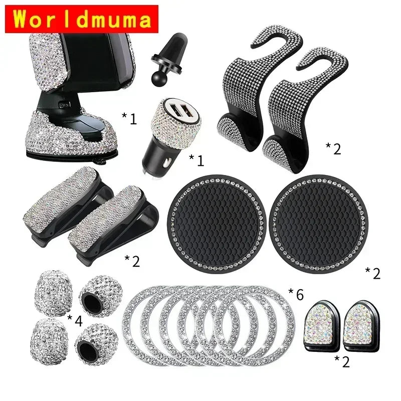 Set of 20 Shiny Crystal Car Accessories Kit for Women Car Phone Holder Mount ,Car Monitor Glasses Holders ,Car Drink Coasters