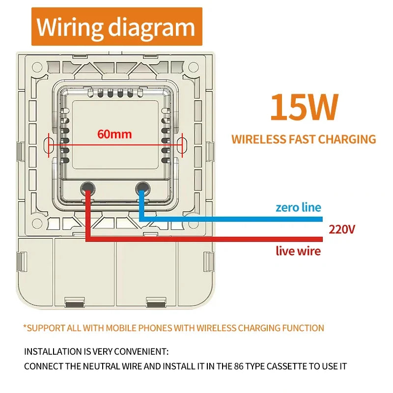 QI Universal Flush Wall Mount Wireless Charger,15W Fast Charging Stand for Phones,AC 110–220V