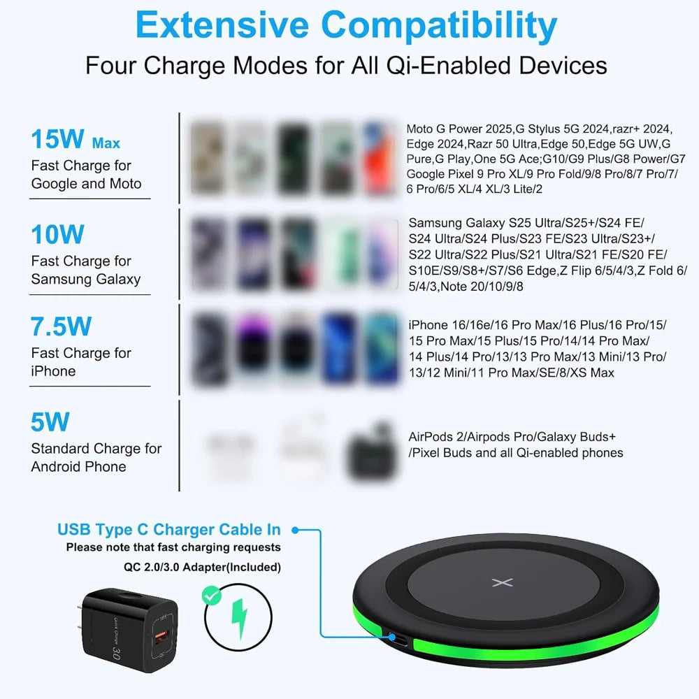 Wireless Charger LED Phone Charger Stand Suitable for iPhone17 16 15 14 13 12 Pro Max 8 - Fast Charging Base for Xiaomi