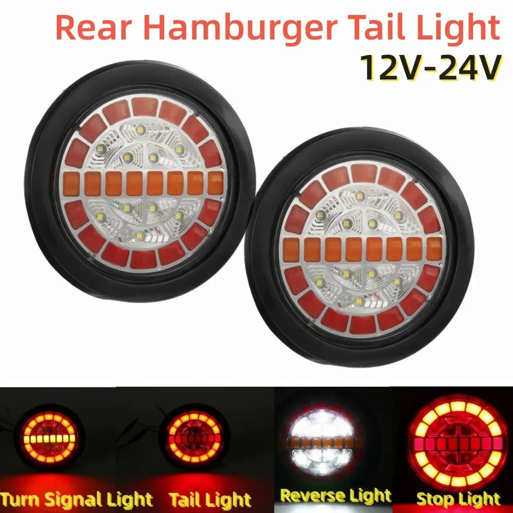 2x 12V 24V Truck Trailer Tractor LED Round Turn Light Rear Tail Light Flashlight Reverse Stop Signal Indicator Lamp Lorry RV Van