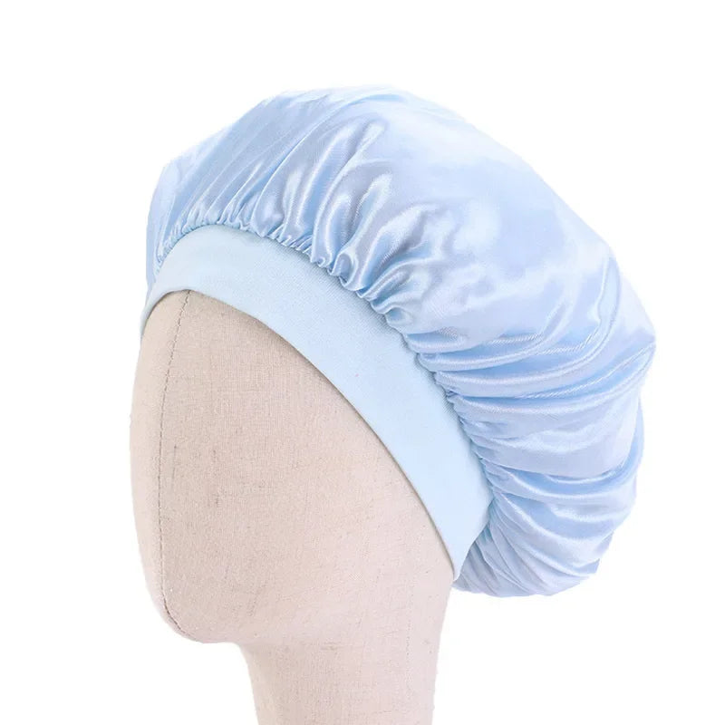 Kids Satin Silk Bonnet Girl Wide Elastic Band Solid Color Night Sleep Hat Hair Accessories Wholesale