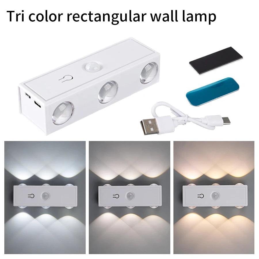 6Leds Double-head Motion Sensor Light 3Colors/RGB Night Light USB Rechargeable Magnetic Wall Lamp Touch Dimming Bedside Lighting
