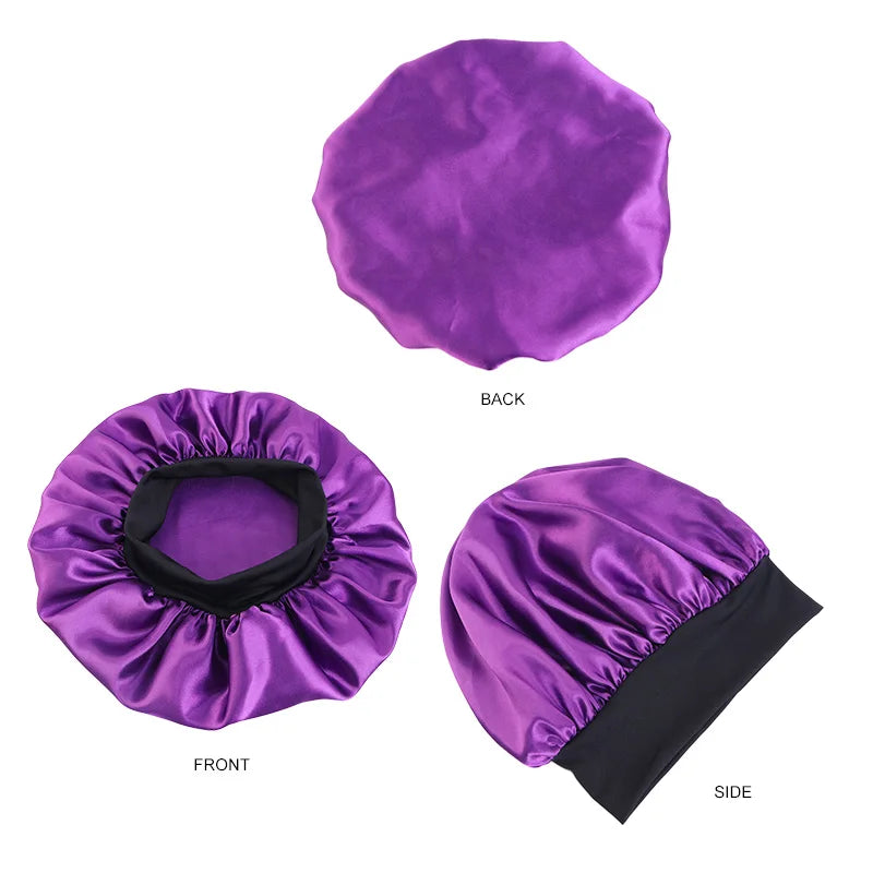 Women's satin solid color sleep cap wide brim, night shower bonnet with elastic band,unisex hair protection for sleeping&bathing