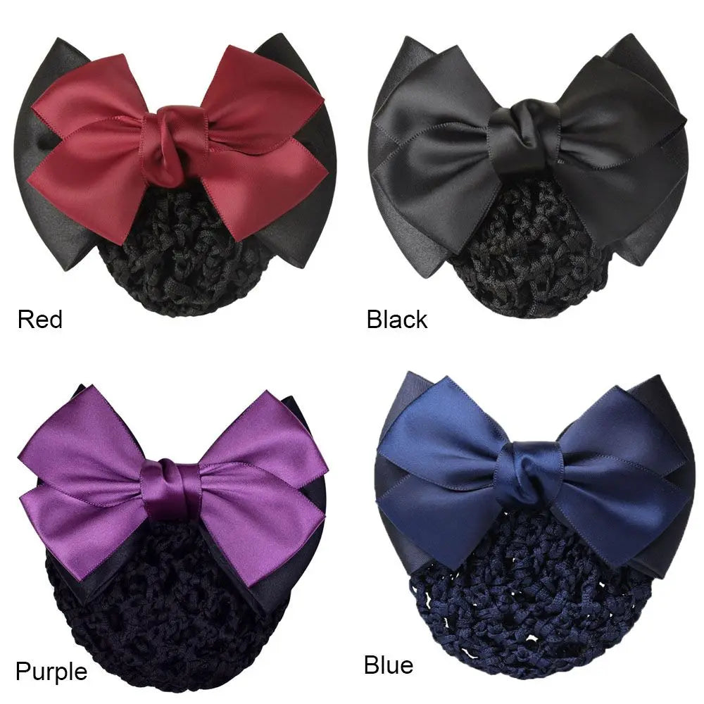 Satin Bowknot Decor Hairnet Women Girls Hair Clip Snood Net Barrette Bun Cover