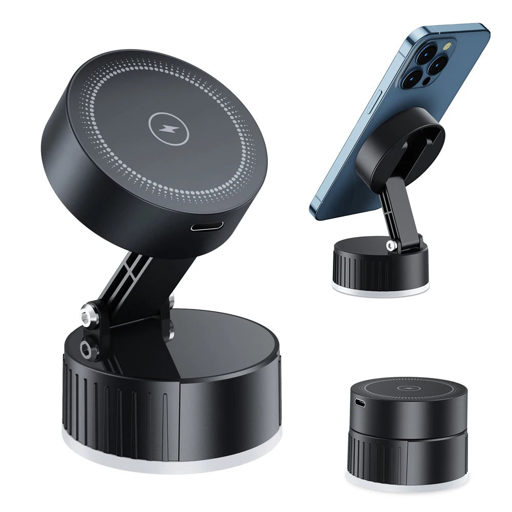 15W Fast Wireless Magnetic Charger Car Phone Holder Mount with Strong Vacuum Suction Adjustable Foldable Stand for Iphone 16 15