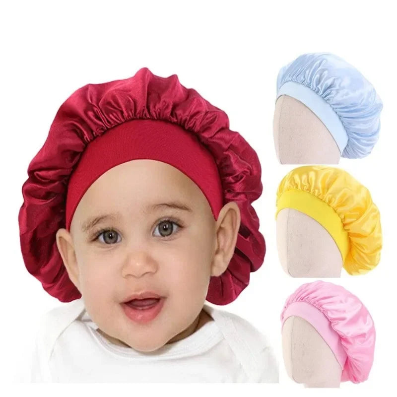 Kids Satin Silk Bonnet Girl Wide Elastic Band Solid Color Night Sleep Hat Hair Accessories Wholesale