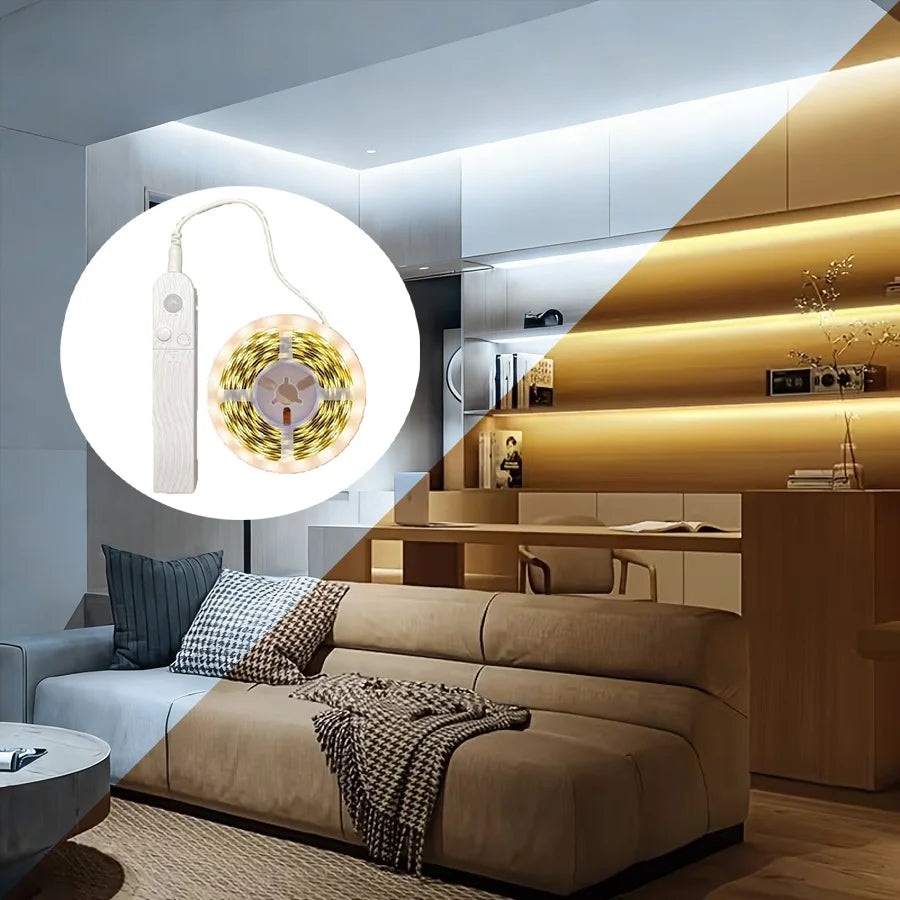 Motion-sensing LED light strip, powered by either USB or batteries (batteries not included). Suitable for bedrooms, staircases。