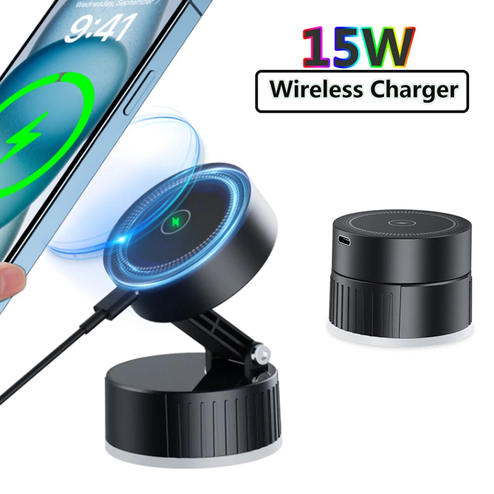 15W Fast Wireless Magnetic Charger Car Phone Holder Mount with Strong Vacuum Suction Adjustable Foldable Stand for Iphone 16 15
