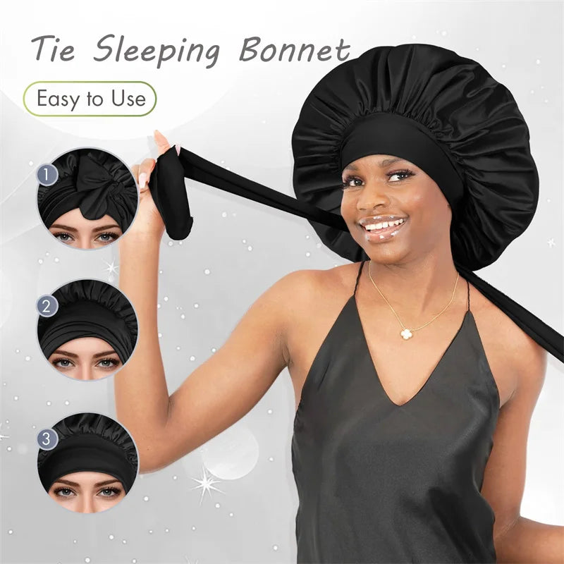 Satin Bonnet Silk Bonnet Adjustable Bonne For Sleeping Hair Bonnet With Tie Band Bonnets For Women Men shower cap