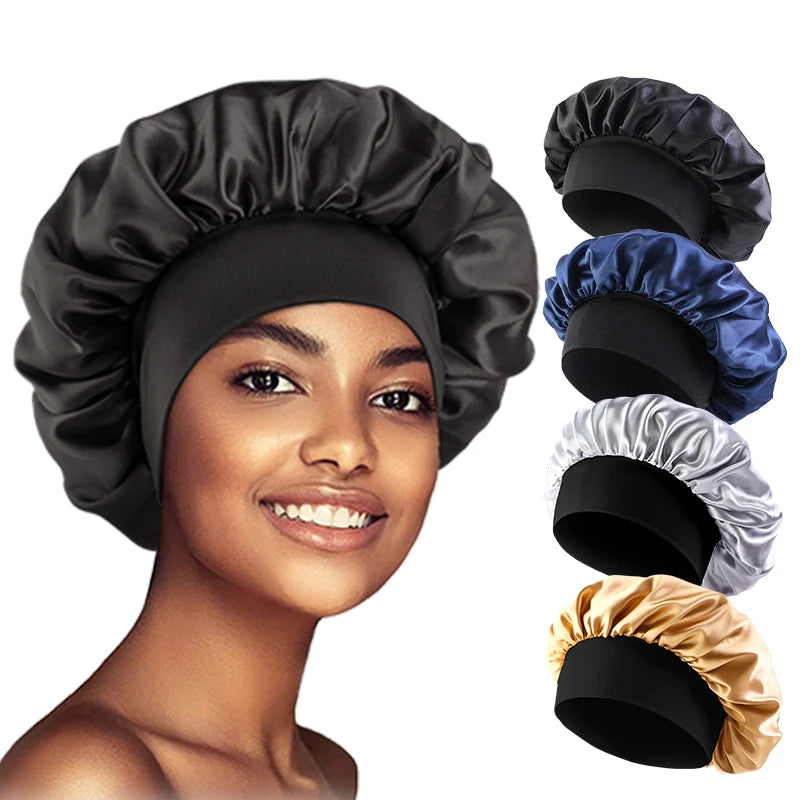 Women's satin solid color sleep cap wide brim, night shower bonnet with elastic band,unisex hair protection for sleeping&bathing