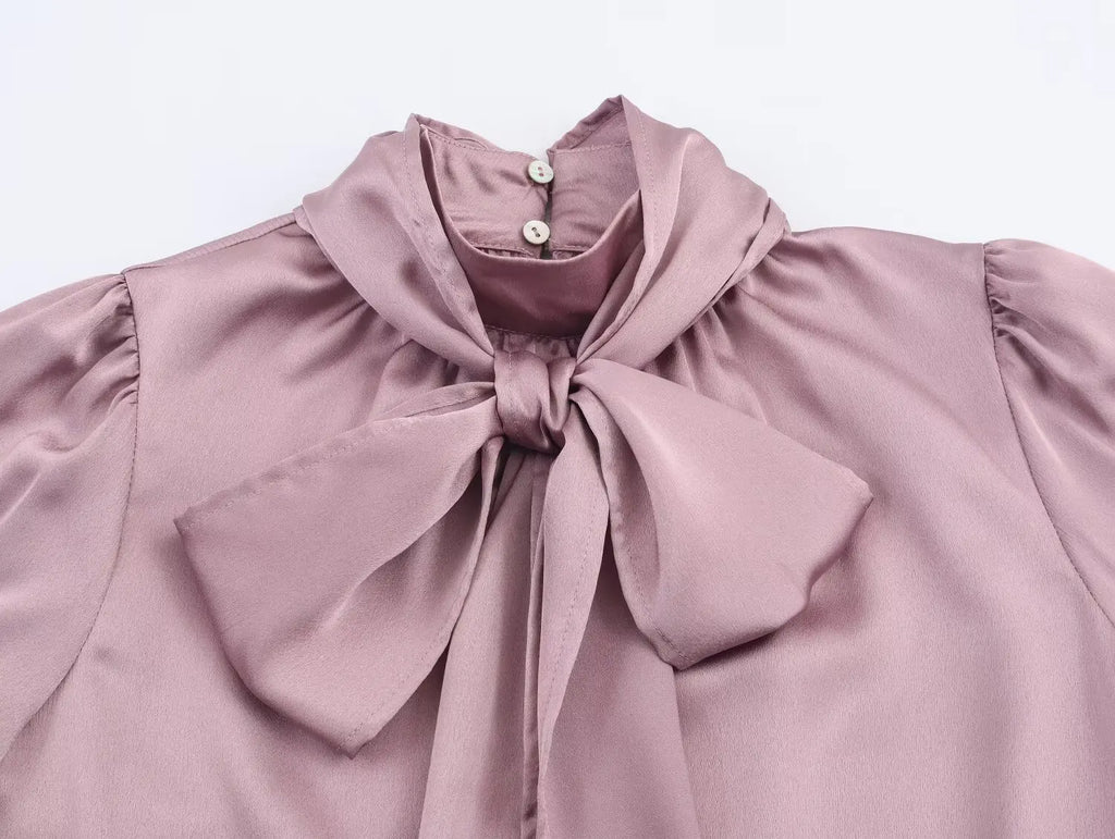 Women Bow Satin Blouse Spring Autumn Female Long Sleeve Elegant Shirt Lady Lantern Sleeve Sweet Casual Commute Blouse-Shirts