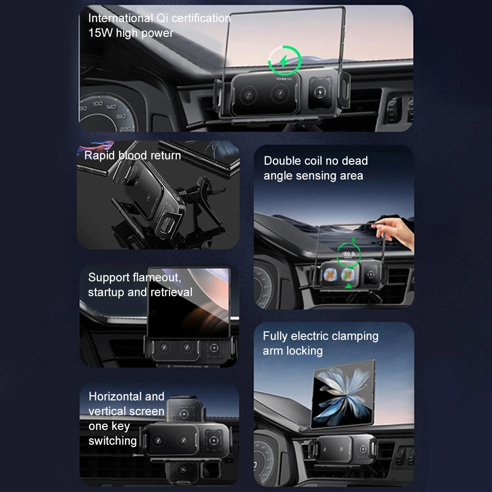 New Universal Phone Holder Car Wireless Charger Mobile Phone Holder Mount Intelligent Induction Electric Rotation Charging Stand