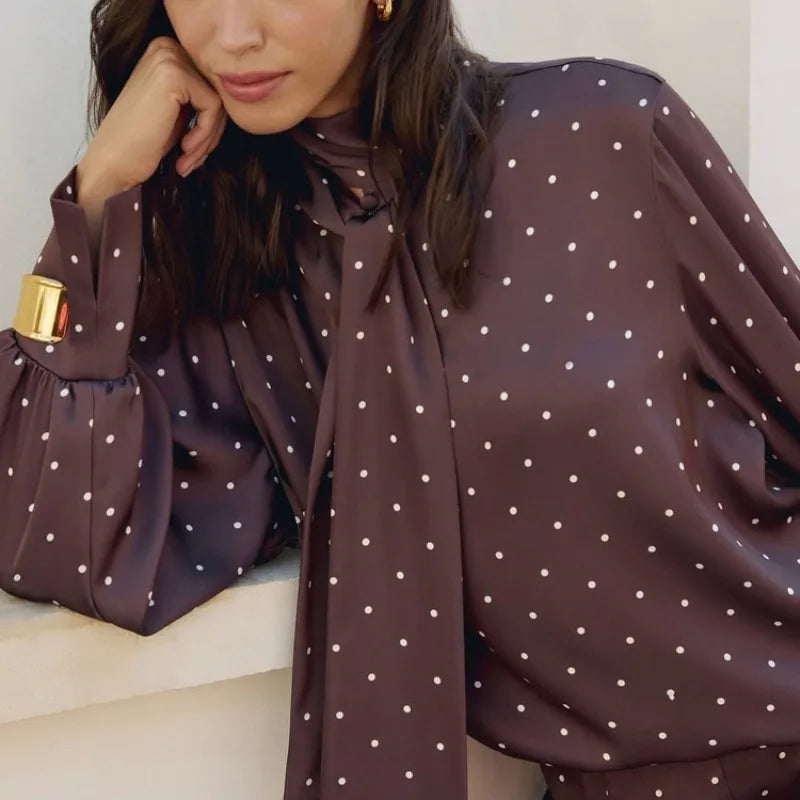 Satin Shirt for Women Autumn Elegant Dot Print Long Lantern Sleeve Stand Collar Loose Office Lady T-shirt Celebrity Top